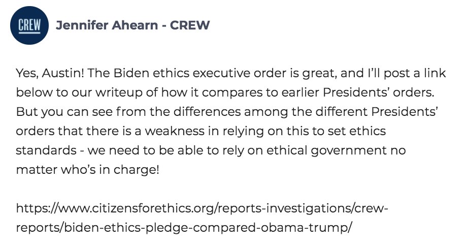. @AREvers says that while the Biden EO is a big step forward, "the very fact that Biden had to issue it at all is a big sign of what could be better: These rules should be laws!" Jennifer adds that "we need to be able to rely on ethical government no matter who’s in charge!"
