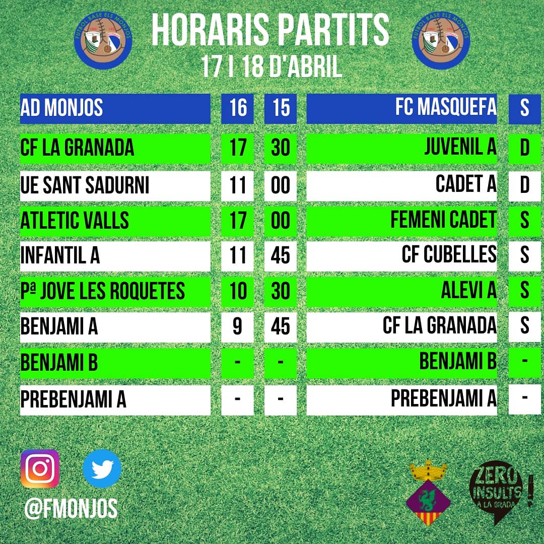 Horaris del Cap de setmana 17 i 18 d'Agost

Els de @luiismidg reben al FC Masquefa al Municipal

<a href="/smmonjos/">Ajuntament de Santa Margarida i els Monjos</a> #futbolpenedesenc #futbolcat #3cat12 #futbolbase #futbolfemenino #ORGULLOSA #admonjos #fbmascatarro