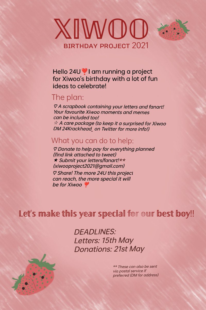 28LabRat's tweet image. 24U! I am running a project for Xiwoo's birthday ❣️

For more information please DM me and I will happily give any details!

With any submission please include your preferred name and country ❣️
I will be doing a little giveaway♡

Donation link: paypal.me/pools/c/8yvJj5…