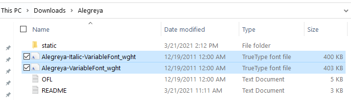 Variable font files for Alegreya