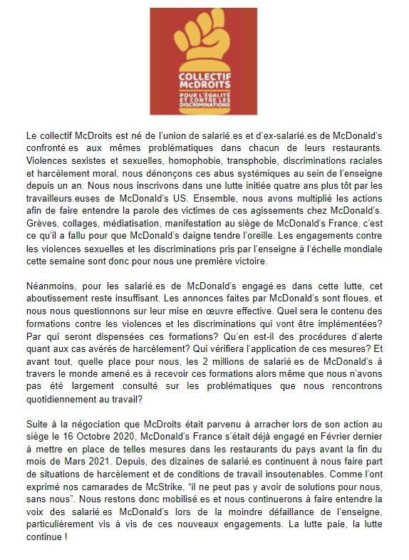 🚨 La réponse du collectif McDroits aux nouveaux engagements de McDonald's Global contre les violences sexuelles et les discriminations 🚨 #fastfoodglobal #McStrike #DansMonMcDo