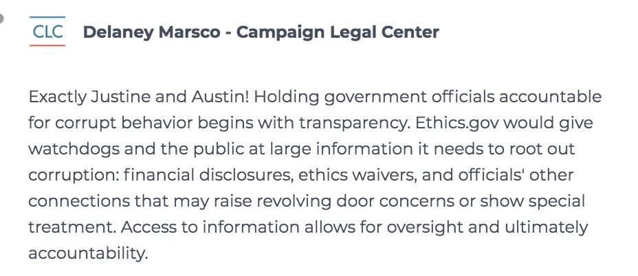 . @DelaneyMarsco adds: " http://Ethics.gov  would give watchdogs and the public at large information it needs to root out corruption: financial disclosures, ethics waivers, and officials' other connections that may raise revolving door concerns or show special treatment."
