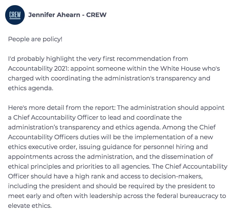 Next question: "If you had a meeting with the president, what is the number one recommendation you’d urge him to adopt in the next 100 days?"Here are the responses:  #accountability2021