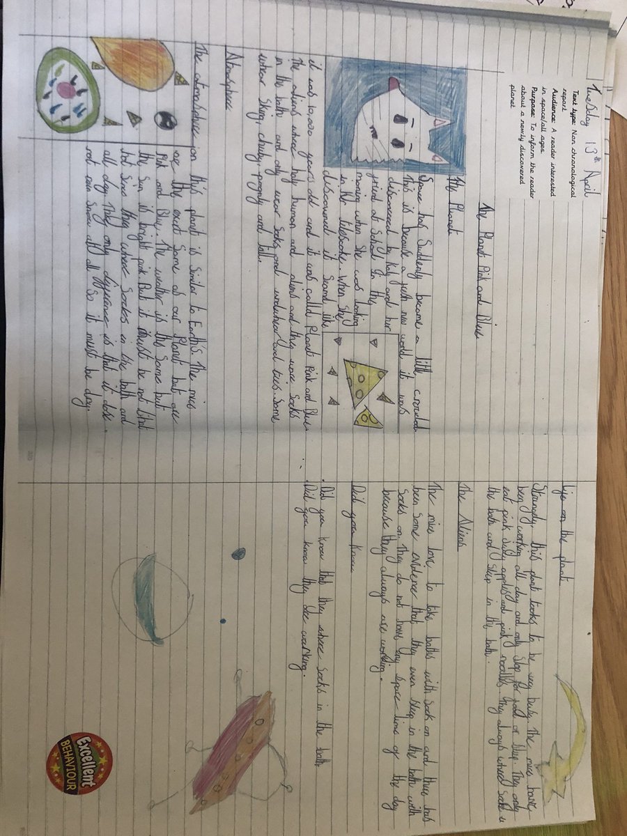 BraysonMr's tweet photo. Incredibly proud of how well my children have worked in writing lately. These end products are testaments to their efforts over this last unit which was writing a Non Chronological Reports of a fictional planet.     #edutwitter #year4 #writing https://t.co/LuvtZ0l3Q5