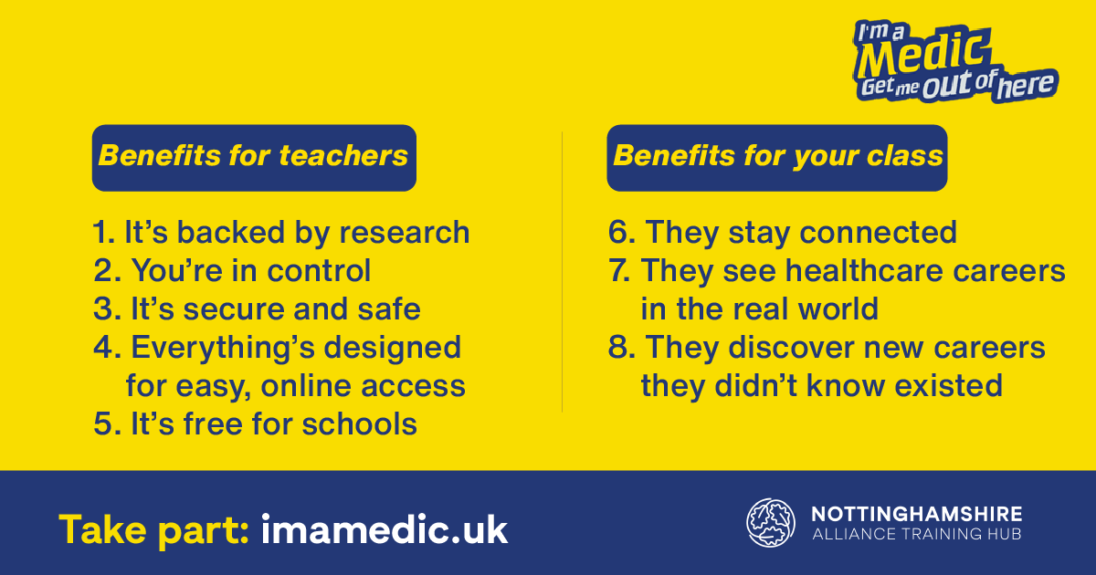 NottsAlliance's tweet photo. Taking part in βIβm a Medicβ brings about great benefits for teachers and their class. Students discover new careers didn't know existed and see healthcare careers in the real world.
Donβt miss out the chance! Register here: https://t.co/zy20dT6f4k
#ImaMedic #notts #NHScareer https://t.co/SF0yWEttUy