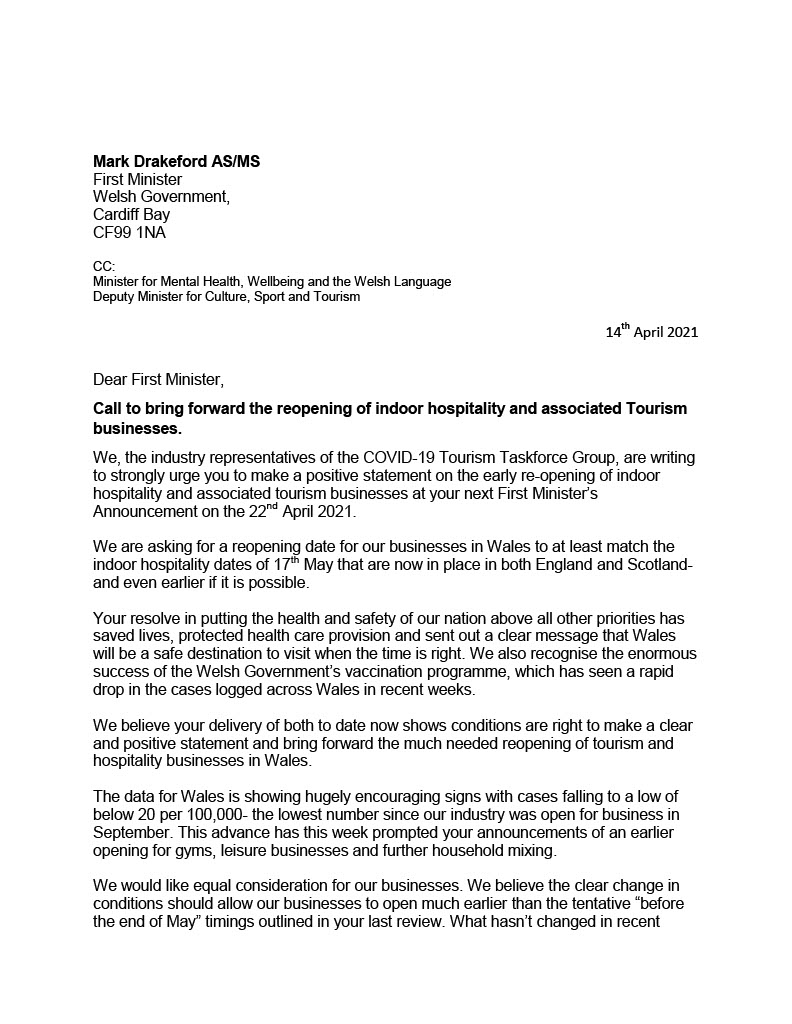 NWTBiz's tweet image. Copy of a letter written by the @WelshGovernment own tourism task force, requesting he brings forward the planned opening for indoor hospitality.
