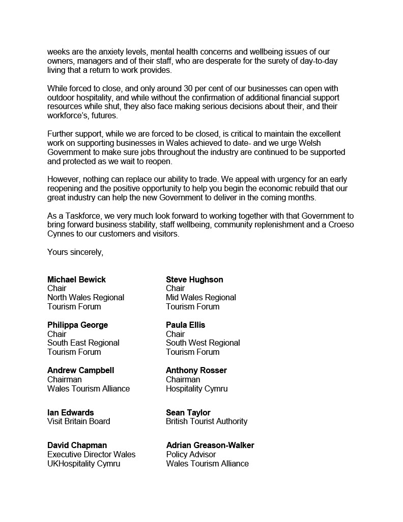 NWTBiz's tweet image. Copy of a letter written by the @WelshGovernment own tourism task force, requesting he brings forward the planned opening for indoor hospitality.