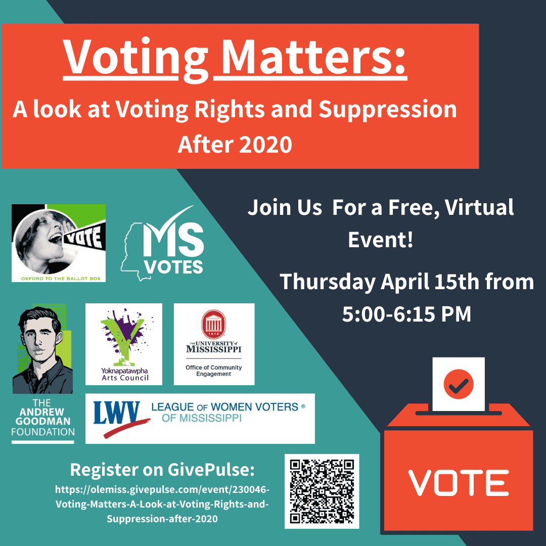 MSVotes's tweet photo. Join us TODAY At 5 PM for a FREE Virtual Event, Voting Matters: A Look at Voting Rights and Suppression After 2020! Registration Link listed on flyer! https://t.co/BDKvo3ju3M