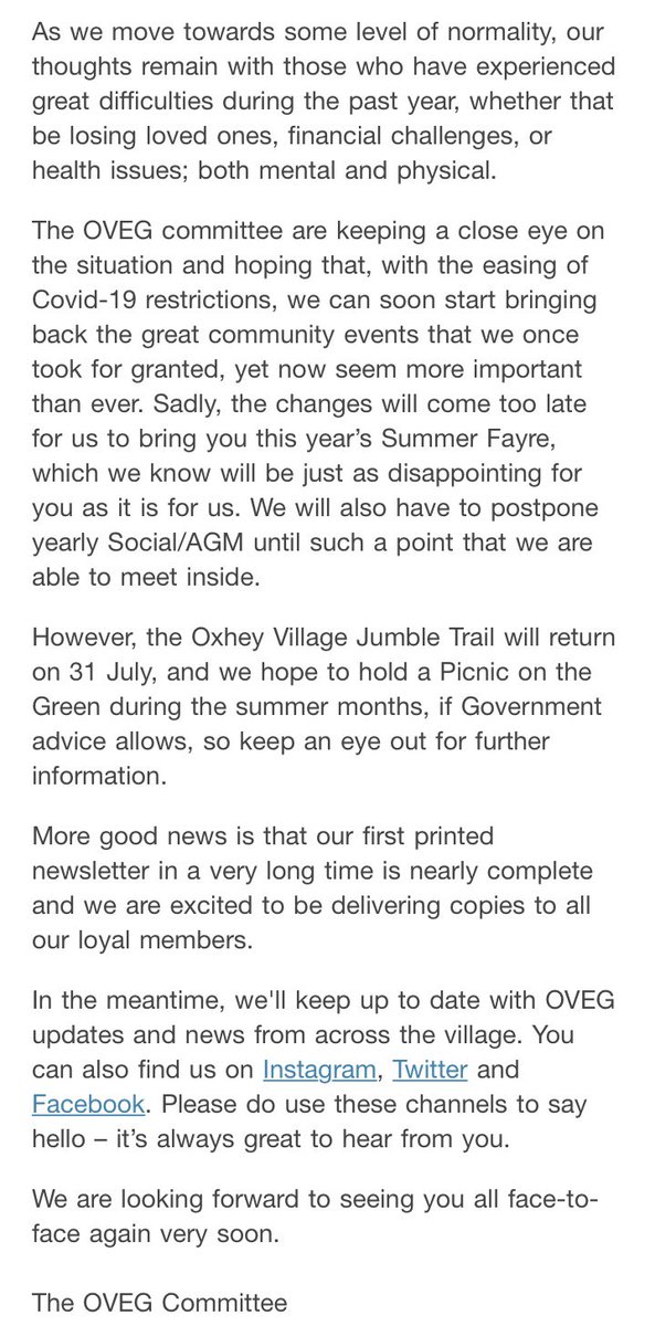 ** A message from the OVEG Committee **