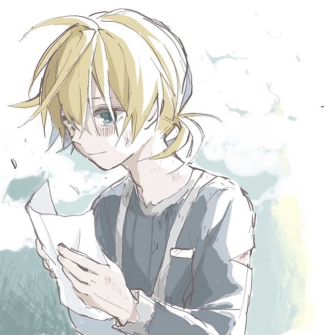 kagamine len 1boy male focus blonde hair holding paper short ponytail holding solo  illustration images