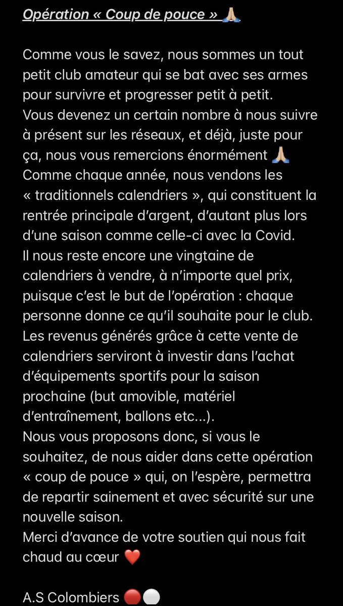 AColombiers's tweet image. ⚽️🔴⚪️

« OPÉRATION COUP DE 👍🏼 »

Toute aide sera bien entendu la bienvenue 🥰
Sinon, RT appréciés s’il vous plaît 🙏🏼

Nous restons disponibles pour vous répondre si besoin, avec plaisir ! 🙂

🤞🏼

#ascolombiers #clubamateur #footamateur