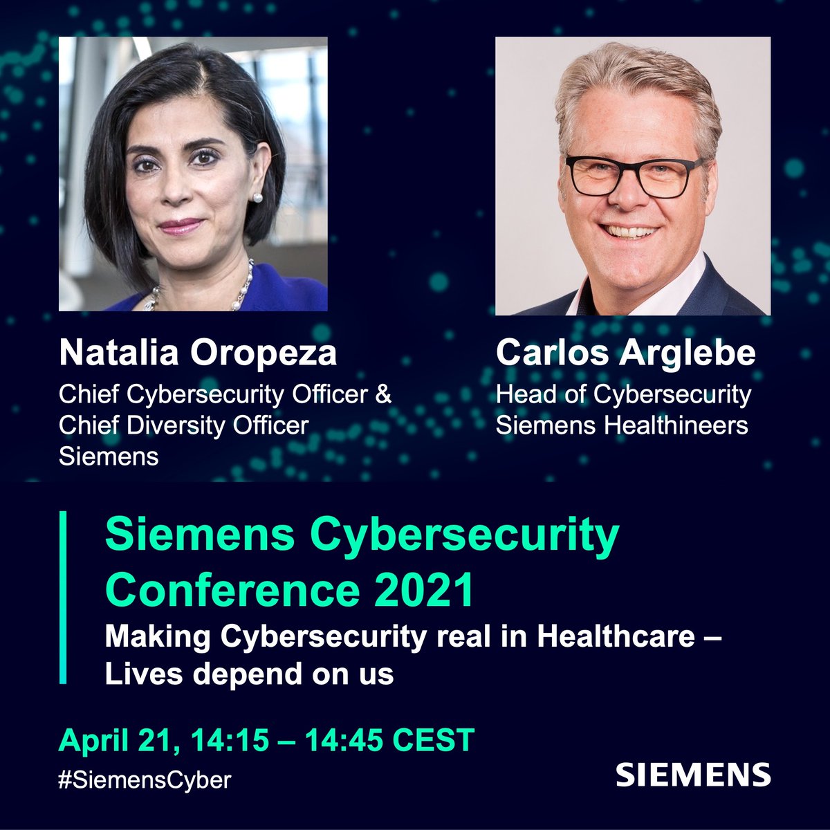 Siemens's tweet photo. Cybercriminals are exploiting the current pandemic and attacking #healthcare providers.😷 This is presenting us with enormous challenges. How do we make #Cybersecurity real? Join the discussion with our CCSO @NataliaOropezaG and @ArglebeCarlos from @SiemensHealth. #SiemensCyber