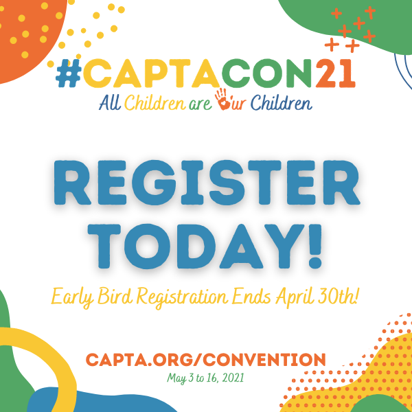 CaliforniaPTA's tweet photo. Calling all PTA leaders: #CAPTACon21 is an amazing training opportunity for your board!  Learn best practices in over 60 workshops, network w/ fellow leaders + visit our virtual exhibit hall!  Don't miss Early Bird Registration (closes 4/30) https://t.co/k8WMAbRXb9 #PTA4Kids https://t.co/wBbfCh8kx0