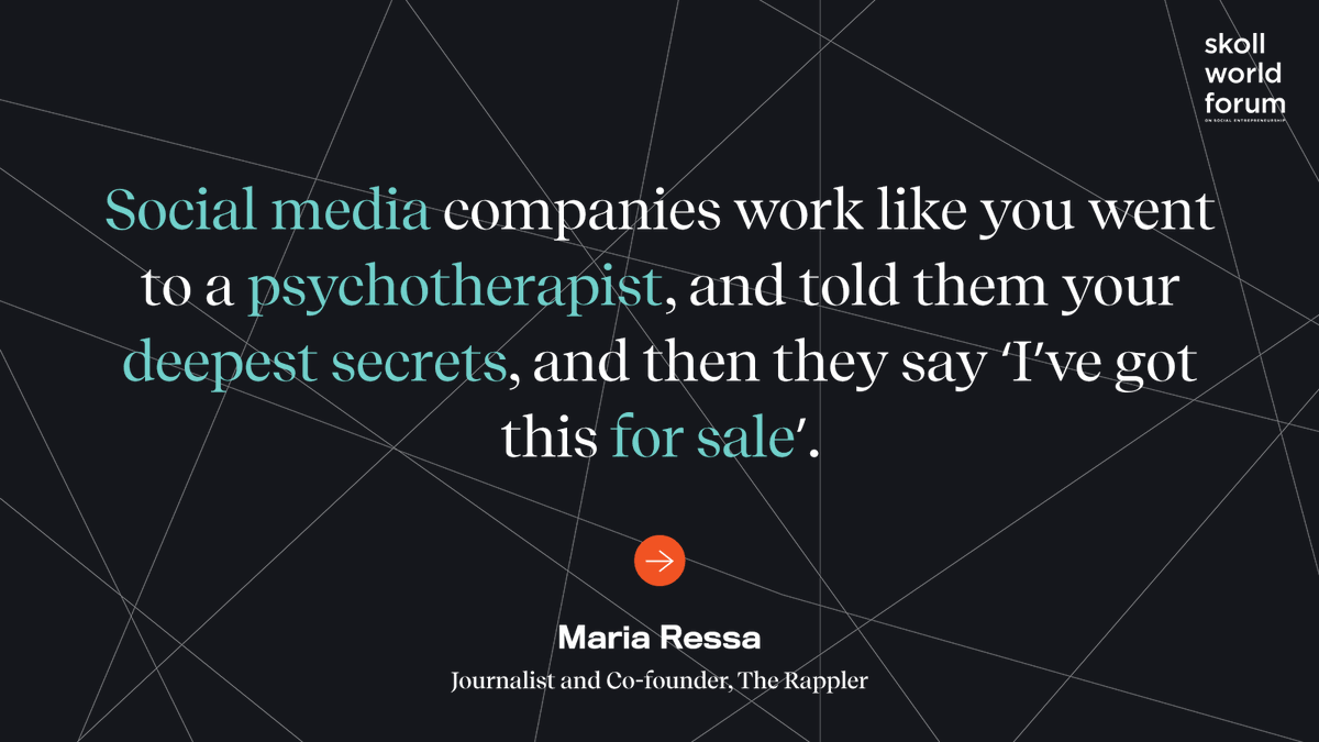 How can we fight "the virus of lies" on social media and in the virtual world? <a href="/mariaressa/">Maria Ressa</a> of <a href="/rapplerdotcom/">Rappler</a> says:

1⃣ Demand accountability
2⃣Help independent media survive
3⃣Do more. Ask yourself, "what am I willing to sacrifice for the truth?"

#SkollWF #FightMisinformation