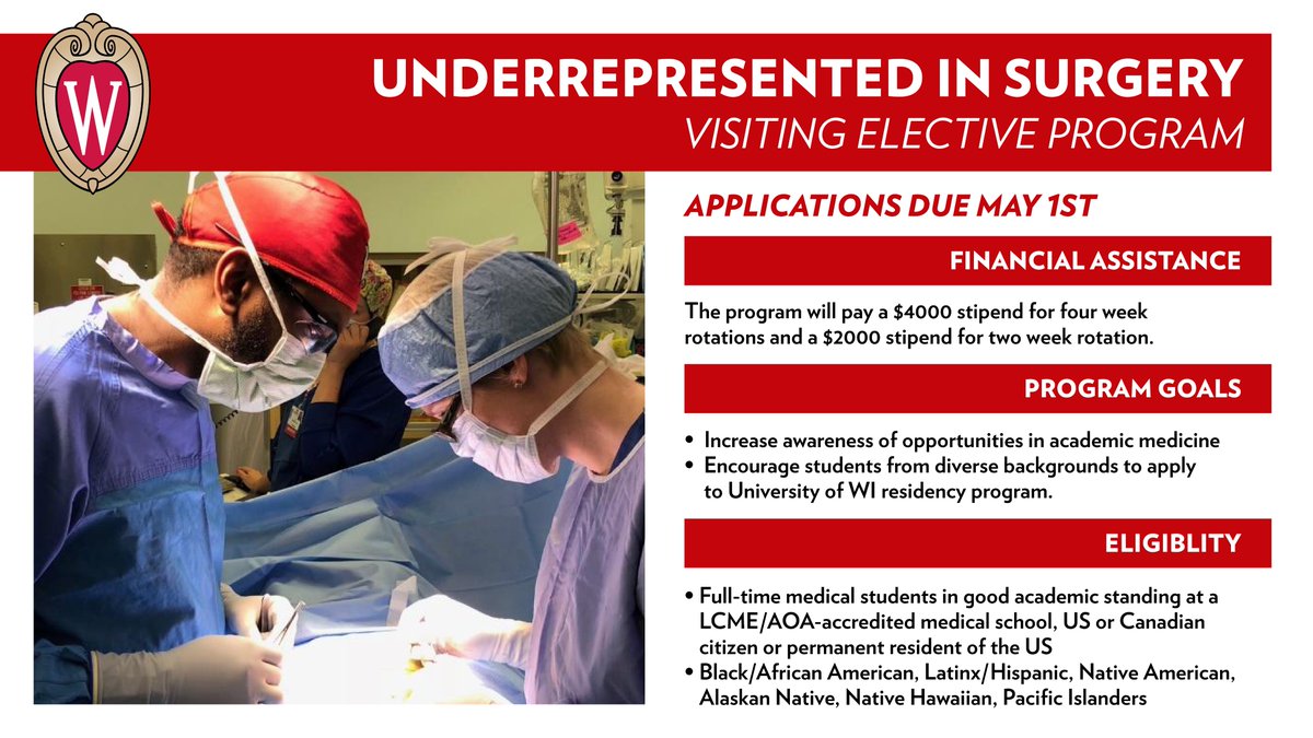 Are you an underrepresented student looking for away surgical rotations? Learn more about our scholarship for #URM students here➡️bit.ly/32hJ8LM and apply here➡️bit.ly/3wYivK4.
We can't wait to hear from you!
#MedTwitter #MedEd #SurgeryEd #DEI #WhyWiscSurgery