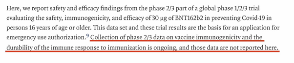 Even worse, they were still collecting Phase 2(!) and 3 data about 'immunogenicity' and 'durability' of the immune response. Basically, that means that they don't know yet whether the vaccine will create an immune response against SARS-CoV-2 infection and for how long30/