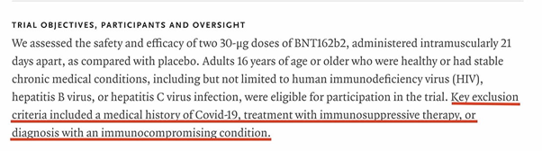 And look at this.... Key exclusion criteria:- treatment with immunosuppressive therapy or- diagnosis with an immunocompromising conditionThey are excluding exactly the people who have most to fear from COVID19. Does this make sense?31/