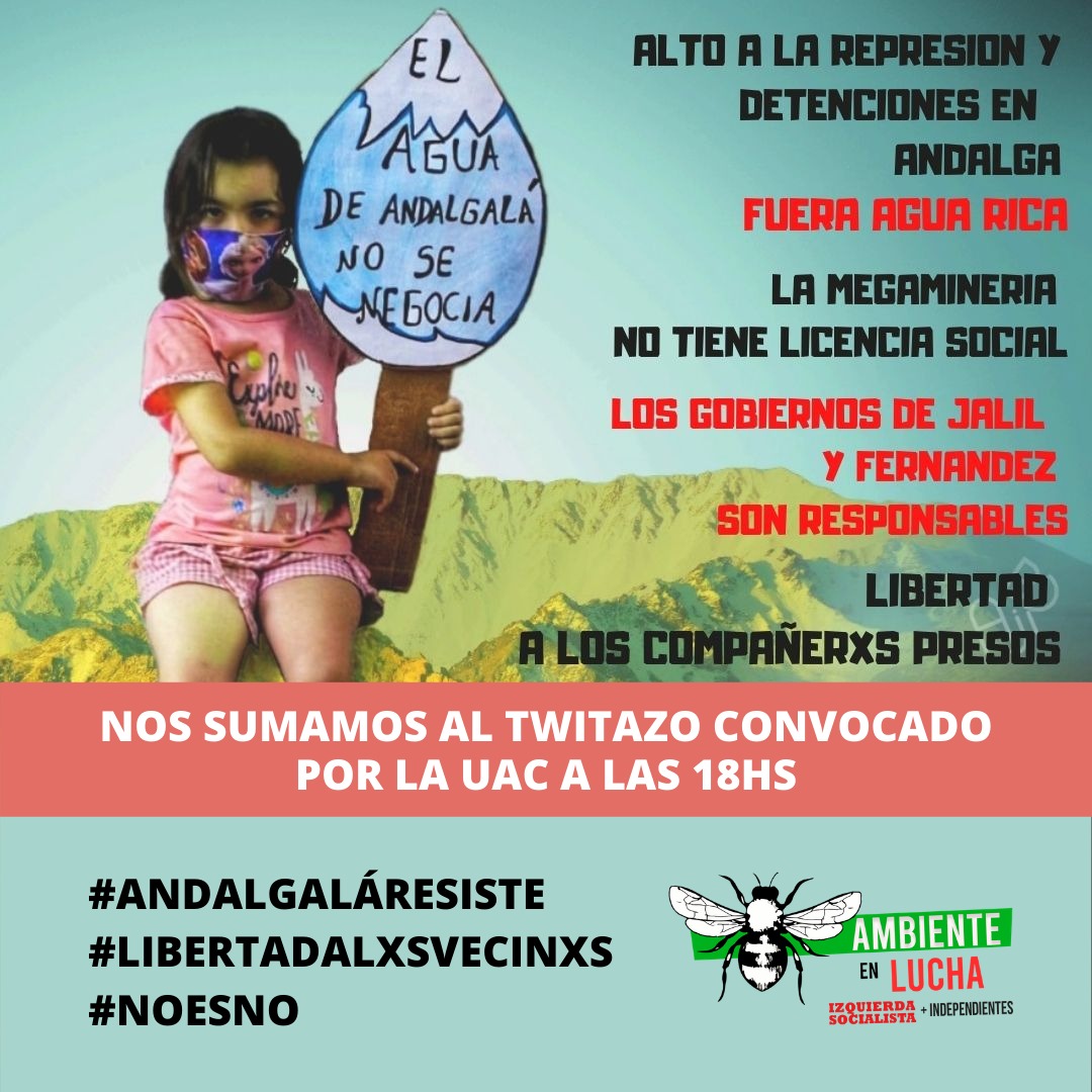 palmei's tweet photo. Libertad a lxs presos por enfrentar la megaminera en Catamarca. El gobierno nacional quiere imponer el saqueo de nuestros recursos a través de Agua Rica todo esto para pagar la fraudulenta deuda externa
#AndalgaláResiste 
#LibertadALxsVecinxs 
#NoEsNo https://t.co/w9HbKMxrKR
