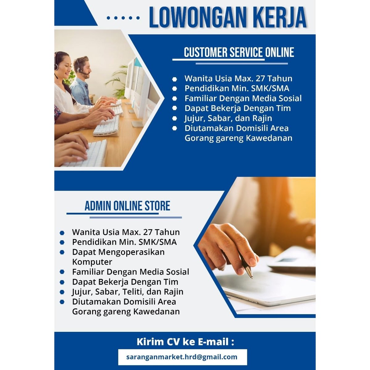 dlelwlo's tweet photo. Info Lowongan Kerja
Untuk divisi penjualan online di daerah Magetan, Jatim

Admin &amp; Customer Service (CS)

Silahkan langsung kirim lamaran ke email tsb ya

#loker #lowongankerja #magetan #lokermagetan #admin #customerservice #Online https://t.co/zJWJ9LFnFx