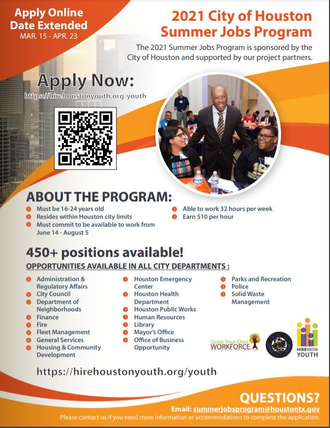 The application deadline has been extend to FRIDAY, APRIL 23 for the 2021 City of Houston Hire Houston Youth program. @HireHOUYouth 
El plazo de solicitud se ha extiende hasta el VIERNES 23 de ABRIL para el programa City of Houston Hire Houston Youth 2021.