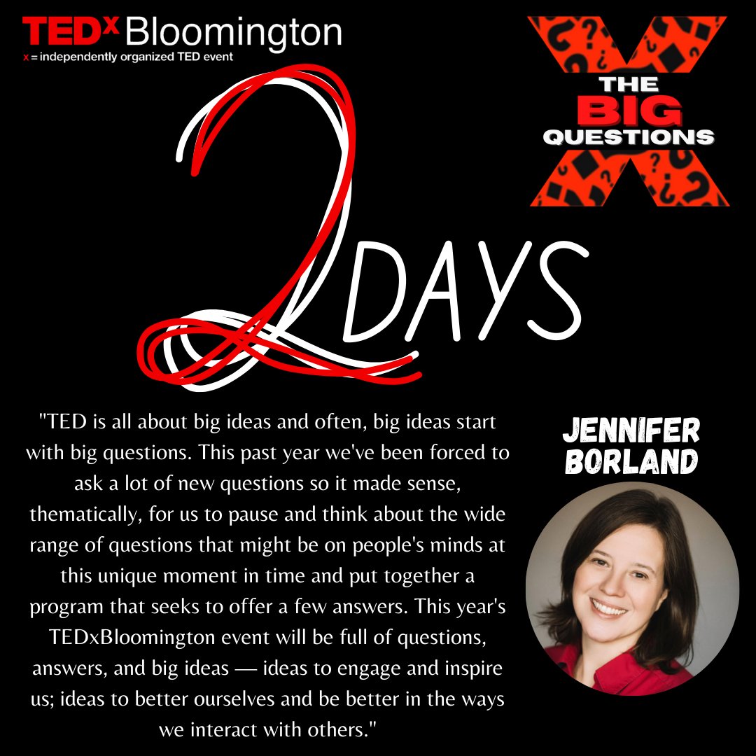 Only 2️⃣ days until TEDxBloomington: The BIG Questions!!!

Today, our amazing Curator, Jennifer Borland, shares her interpretation of the theme. 

<a href="/kisbundas/">Jennifer Borland</a> 

Register now at bctboxoffice.org/event/tedx-the…

#TEDx #TEDxTalj #TEDxBloomington #TheBigQuestions #VirtualEvent