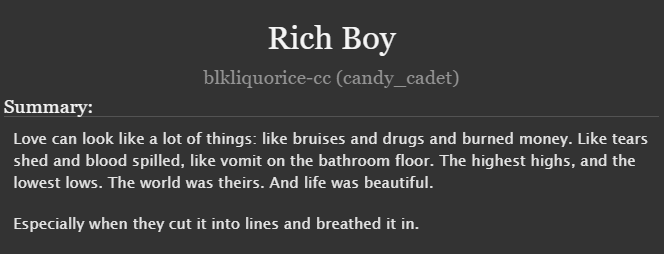 αlpha lucky uwu (retired) (@candycadetcc) on Twitter photo I don't usually post previews for my darkpseud fics on main, but I really love this one, so I'm making an exception.
My PDF piece for <a href="/TemperatureZine/">Temperatures Fluctuating (Closed!)</a>, and a collaboration with <a href="/RobnJaxn/">robnjaxn</a>! (LRT)
Please check the tags before you click and be safe!!! 👇
archiveofourown.org/works/30686717/ I don't usually post previews for my darkpseud fics on main, but I really love this one, so I'm making an exception.
My PDF piece for <a href="/TemperatureZine/">Temperatures Fluctuating (Closed!)</a>, and a collaboration with <a href="/RobnJaxn/">robnjaxn</a>! (LRT)
Please check the tags before you click and be safe!!! 👇
archiveofourown.org/works/30686717/