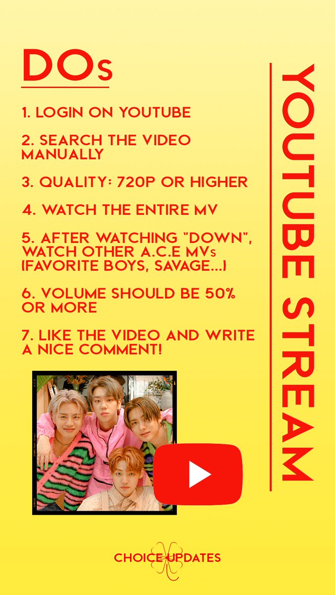 ChoiceUpdates's tweet photo. YOUTUBE STREAMING GUIDE💻

We need to be ready to streaming "Down" so please CHOICE read carefully what's in the pics below. Let's make every view counts! 💜

#ACE #에이스
#ACE_Collaboration
#DOWNforACEandGREY
@official_ACE7 https://t.co/q6yjDtUunc