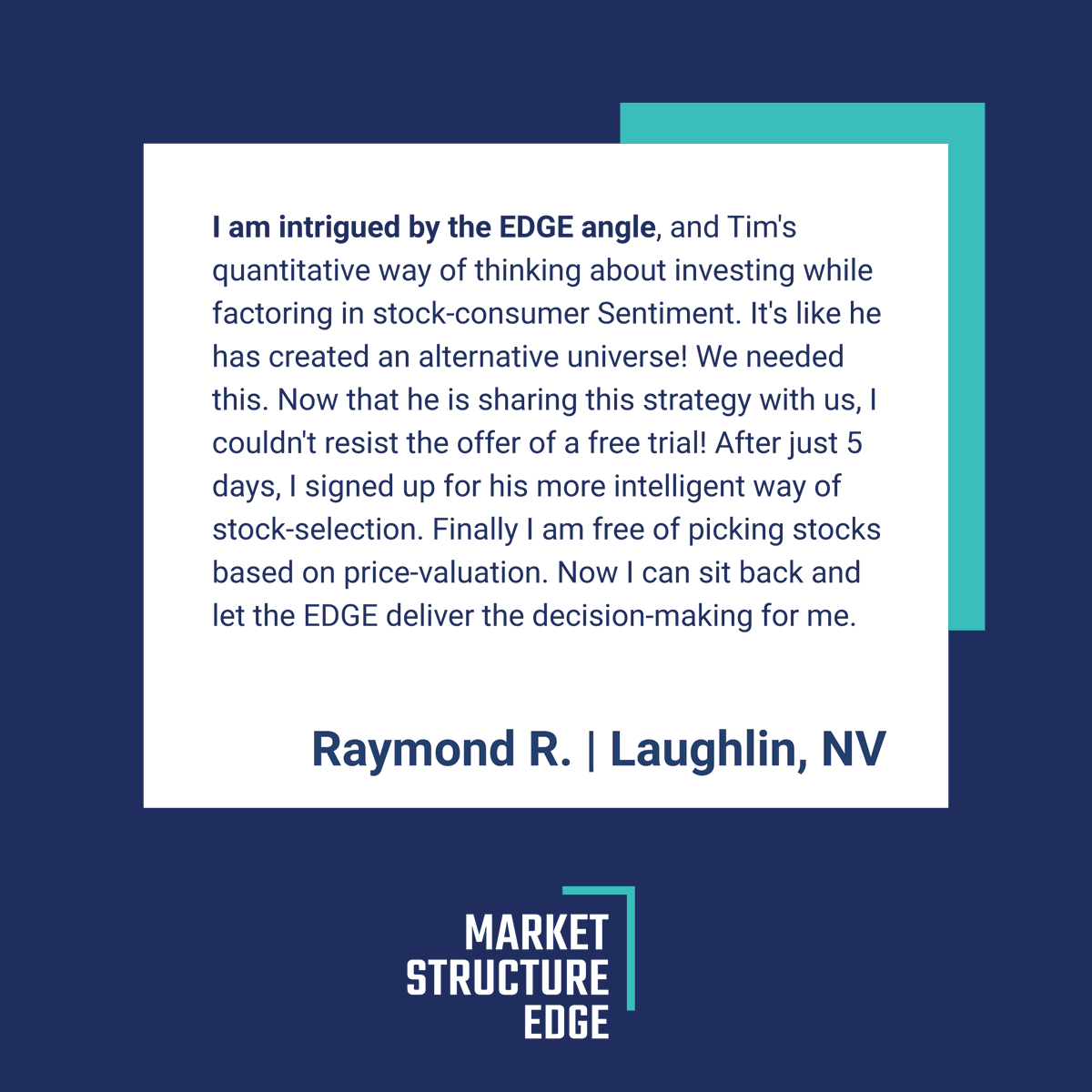 EdgeStructure's tweet image. Check out what Raymond R., a current customer, has to say about Market Structure EDGE. 
EDGE is affordable, valuable, and going to help you with all your stock market needs. 
Sit back and let EDGE deliver all the difficult decision-making for you! 

#Marketstructureedge #EDGE