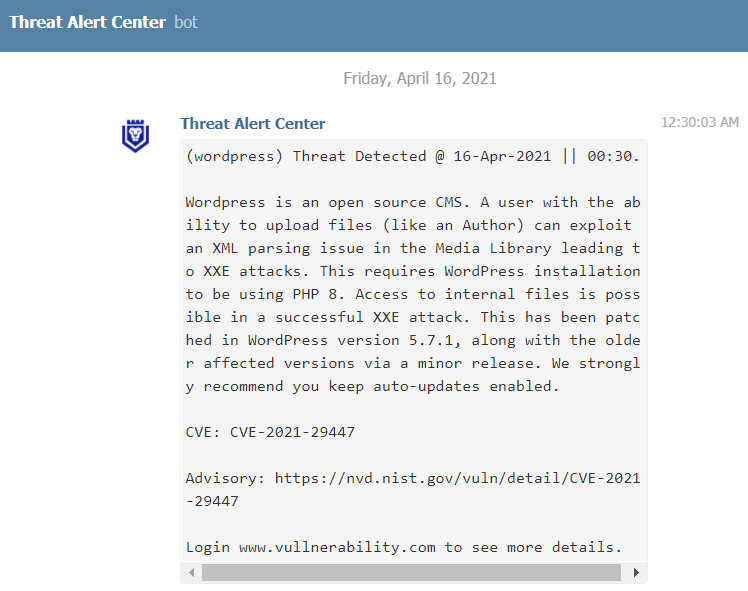 VULLNERAB1337's tweet photo. If your WordPress website allows file uploading for unprivileged members or visitors, this vulnerability may break your heart. 💘

WordPress has fixed an XXE vulnerability in v5.7.1, which triggers while uploading files. (CVE-2021-29447)

CVSS: 7.1 HIGH 🔥

15.04.21 - 21:30 (UTC) https://t.co/KNgh1i66lB