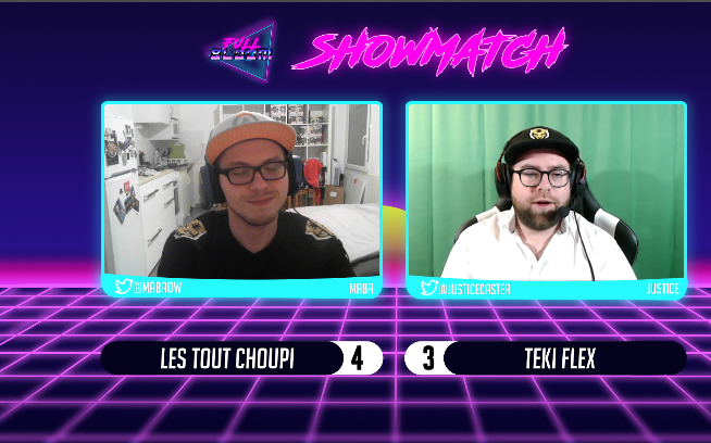<a href="/LesToutChoupi/">Les Tout Choupi</a> sont donc les grands gagnants de ce ShowMatch contre les @TekiEsport Flex qui ne démérites pas non plus puisqu'au score final on se retrouve avec un 4 à 3 ! 
Merci beaucoup au cast (et à la voix) de <a href="/JusticeCaster/">Justice Caster</a> &amp; <a href="/MaBaOW/">ch m</a> !