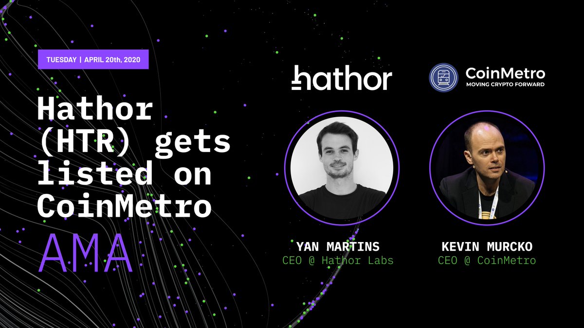 Next Tuesday 20th of April 2PM UTC:

Join us for an AMA session with <a href="/_obiyankenobi/">obiyankenobi</a> (<a href="/HathorNetwork/">Hathor Network</a> CEO) and <a href="/coinmetro_kevin/">Kevin Murcko</a> (<a href="/CoinMetro/">Coinmetro</a> CEO) on our Youtube channel!

You can set a reminder for the event here 👇
youtube.com/watch?v=4J9-cZ…