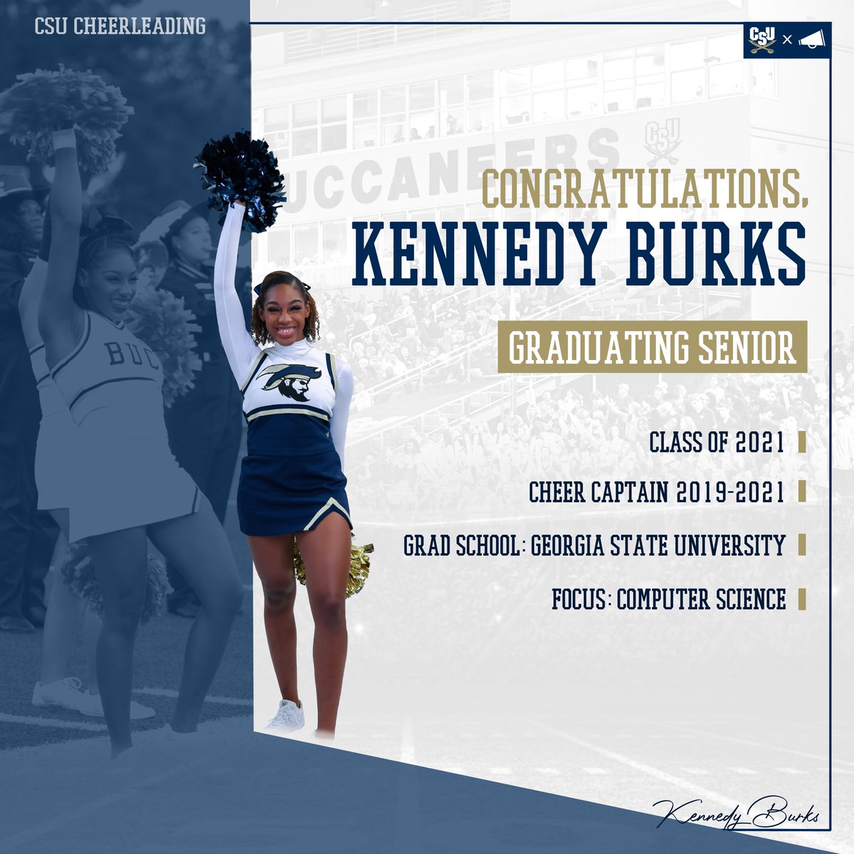 Cheer_CSU's tweet image. It’s senior spotlight time! Congratulations to Kennedy Burks on her upcoming graduation!  Kennedy has dedicated 4 years to the Charleston Southern cheerleading team and served as captain from 2019-2021. 💙🎓💛

#Weloveoursenior #gobucs #csucheer