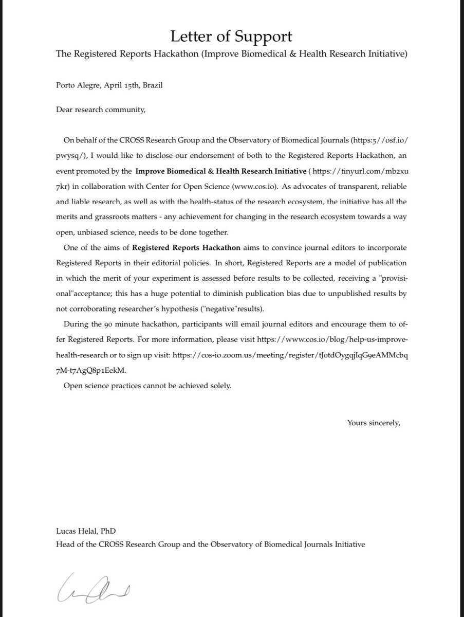 Lucas Helal (@helal_lucas) on Twitter photo On behalf of the CROSS Research Group and the Observatory of Biomedical Journals, I’d like to manifest our support to the #RegisteredReports Hackathon, by our fellows from the <a href="/ImproveHealthR/">The Declaration to Improve Health Research</a>. Our total expectation for prospective supporters at April 27th. #OpenScienceMatters On behalf of the CROSS Research Group and the Observatory of Biomedical Journals, I’d like to manifest our support to the #RegisteredReports Hackathon, by our fellows from the <a href="/ImproveHealthR/">The Declaration to Improve Health Research</a>. Our total expectation for prospective supporters at April 27th. #OpenScienceMatters