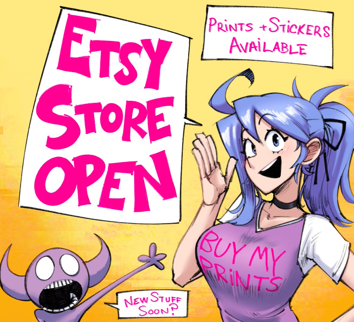 HELLO
My Etsy store is now open again so you can buy my stickers and prints and stuff.
I've updated it with a few new things but I hope to add even more new more stuff when I can.
Go check it out!!!! :^)
https://t.co/yevqyCsXVq 