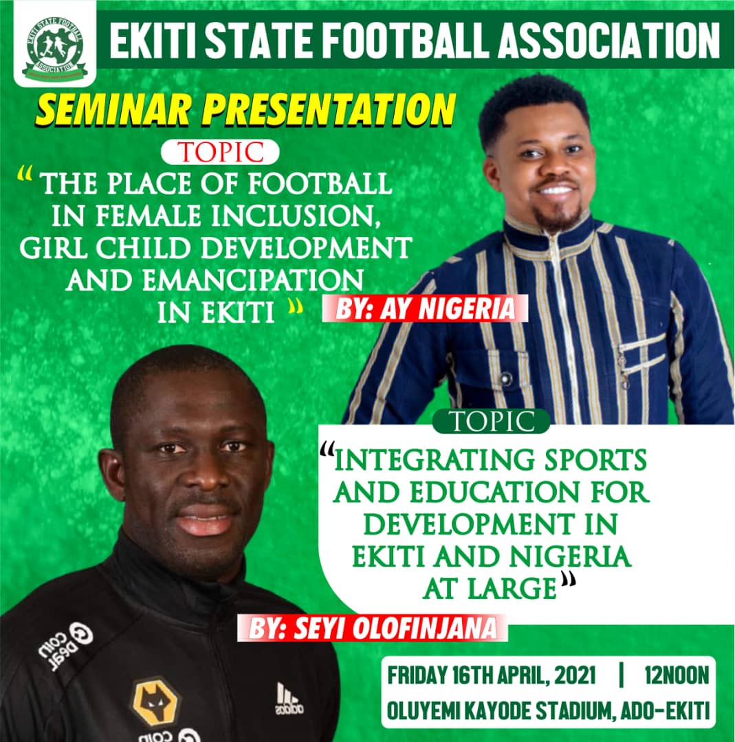 Ekiti State Football Association (@ekitifootball) on Twitter photo Big George <a href="/SeyiOlofinjana/">Seyi .G. Olofinjana Official</a> will share with us the secret to maintaining good grades in school while engaging in sports
And AY Nigeria <a href="/oapaynigeria/">AY Nigeria ๐ณ๐ฌ๐ฌ๐ญ #EkitiDecides2022</a> will speak on encouraging more female participation in football and it's benefits for gender balance in the society
<a href="/BayoOlanlege/">Bayo Olanlege</a> Big George <a href="/SeyiOlofinjana/">Seyi .G. Olofinjana Official</a> will share with us the secret to maintaining good grades in school while engaging in sports
And AY Nigeria <a href="/oapaynigeria/">AY Nigeria ๐ณ๐ฌ๐ฌ๐ญ #EkitiDecides2022</a> will speak on encouraging more female participation in football and it's benefits for gender balance in the society
<a href="/BayoOlanlege/">Bayo Olanlege</a>