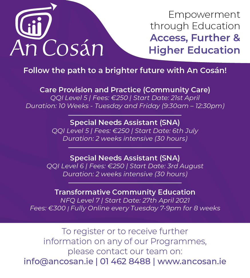 We have some great opportunities to study with us across our Access, Further, and Higher Education Programmes! Whatever stage you're at in your learning journey, we're here to support you on your path. To find out more contact us at info@ancosan.ie or 01 462 8488!