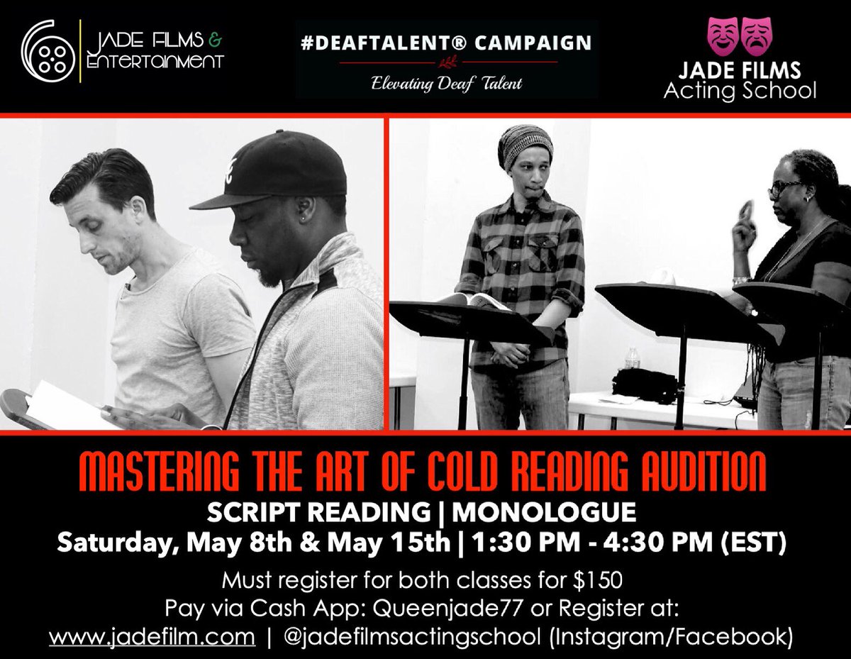 DeafShowRunner's tweet photo. HOW TO MASTER THE ART OF COLD READING
Open for beginning actors. Youth are also encouraged to register. https://t.co/3SrzSfM15W
#jadefilmsactingschool #oncameraacting #coldreading #scriptreading #monologue #DeafTalent®️ #DeafTalentCampaign #actorsprepare #onlineactingclasses https://t.co/Bvsd0iRccF