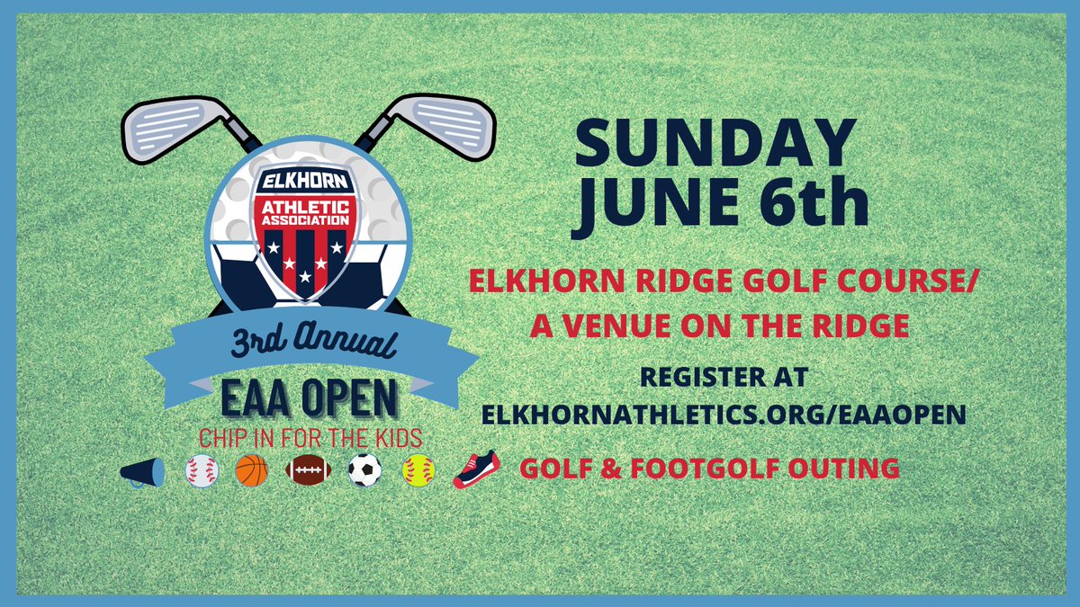 PlayEAA's tweet photo. Join us on Sunday, June 6th for our EAA Open. It will be an all-day, family-friendly event to celebrate and support the EAA. Our golf and footgolf waves are available for ALL ages and abilities! #ChipInForTheKids
Spots are filling up so register today! https://t.co/YEfxYdYJua https://t.co/2PwYVR1TFf