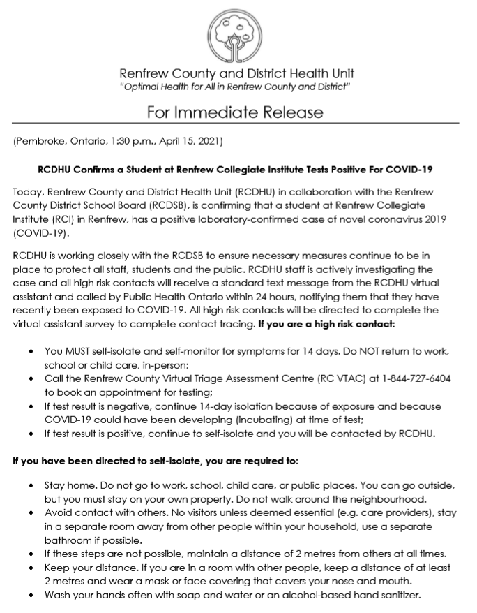 RCDHealthUnit's tweet photo. NOTICE: #RCDHU Confirms a Student at Renfrew Collegiate Institute Tests Positive For #COVID19.

For full details visit: https://t.co/irB8HT4OiK. https://t.co/kYYVuaO1Am