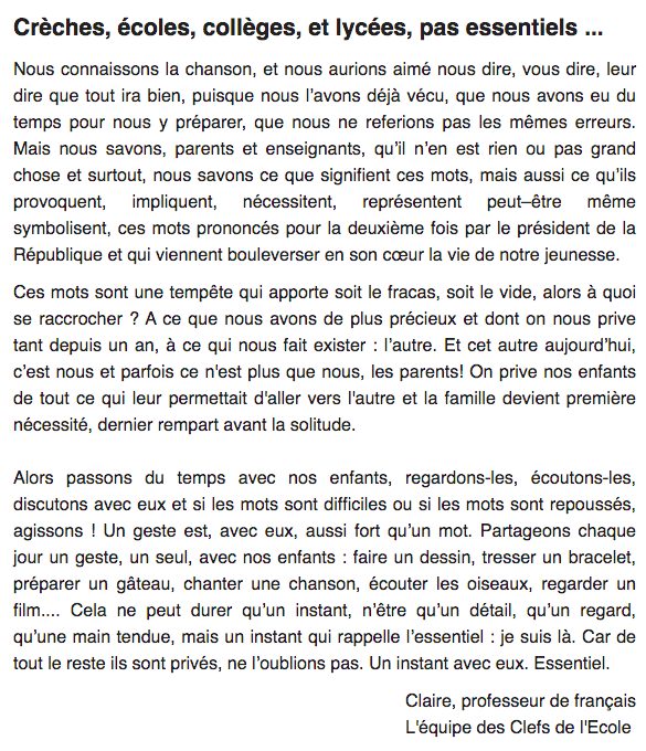 "Un instant avec eux", c'est le nom de la lettre envoyée par l'équipe pédagogique de la <a href="/clefsdelecole/">Les Clefs de l'Ecole</a>  aux #parents. Quand parents et #enseignants sont main dans la main pour le bien de l'enfant.