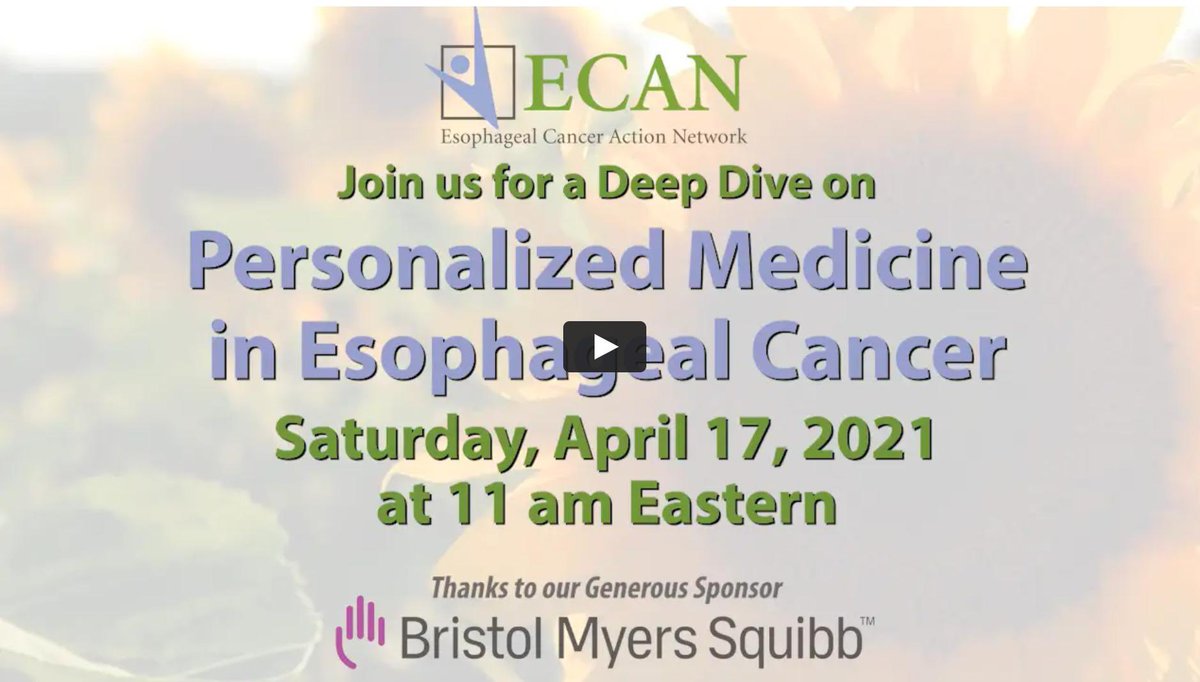 This Esophageal Cancer Awareness Month is time for hope! New immunotherapies are available for our patients. Join our Deep Dive on Personalized Medicine in Esophageal Cancer on Saturday, April 17 at 11 am Eastern. 👉 Sign up at ECHope.org. vimeo.com/536715463