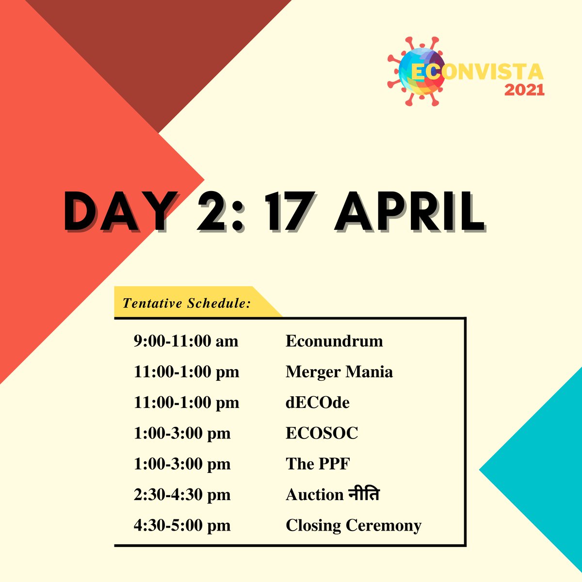 Economics_LSR's tweet photo. Please note that this is only a tentative schedule and the
organising committee holds the right to make changes as
needed. However, changes, if any, will be shared with all the
registered participants through email and our Facebook
page. https://t.co/CdWuLLoyCW