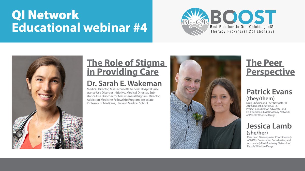 bccfe's tweet photo. Our next QI Network webinar is coming up on April 20th from 12:00 – 1:30pm and we’re excited to welcome @DrSarahWakeman and peers Patrick Evans & Jessica Lamb from @eknpud joining us to speak on The Role of Stigma on Providing Care.
To register: https://t.co/L1LG2DDIux #BOOSTqi https://t.co/3QAG4uNn3r