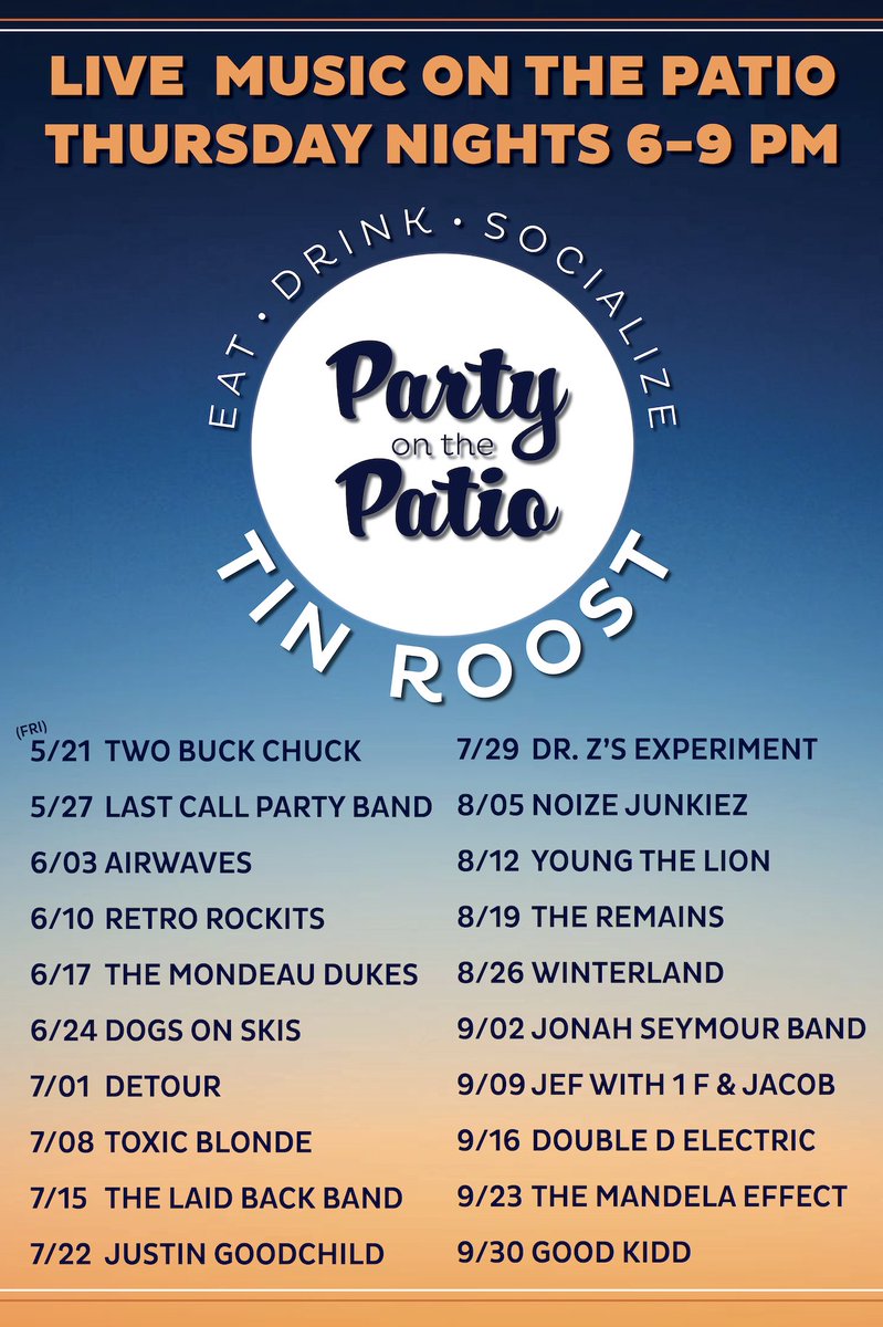 This year's lineup for #PartyOnThePatio is here! You know the drill... We have live music on our GIANT patio every Thursday at 6-9pm. We've got a lot of new bands joining the lineup this year, so join us for drinks, dinner &amp; great tunes on the patio this summer! 🤩🎶🤘