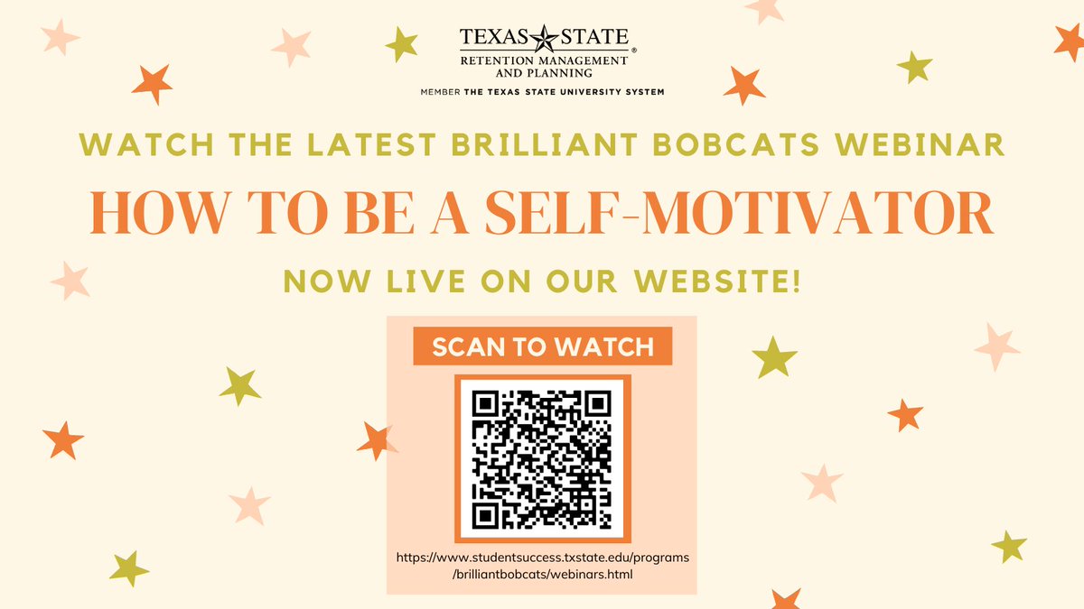 Watch the latest Brilliant Bobcats webinar to learn more about what motivation is, the role motivation plays in getting things done, and how you can increase motivation to achieve your goals. Watch here: studentsuccess.txstate.edu/programs/brill…