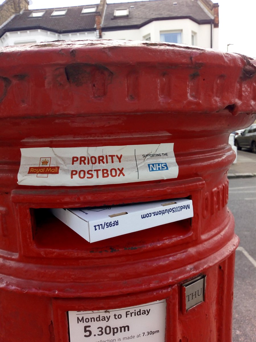 AmCritchard's tweet photo. I wondered why my postbox was NHS Priority. I thought it was solidarity with the NHS -  but you use a #Prioritypost to send off your COVID test! Here's mine starting its journey to the lab... https://t.co/giRIsgAkSI