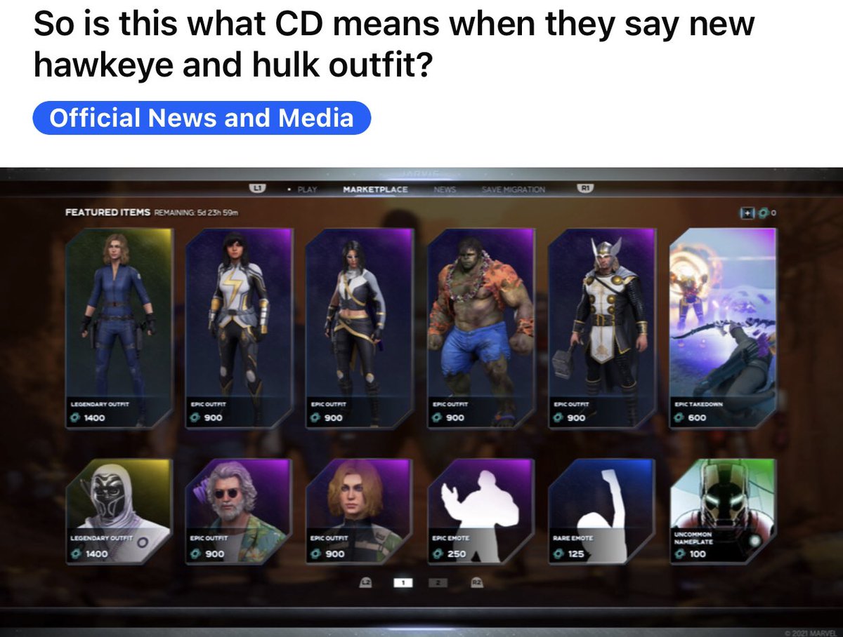 te56957551's tweet photo. #TRASH @PlayAvengers @CrystalDynamics  

#NewOutFits 🤣🤣🤣 

#MarvelAvengers #Avengers #Reassemble #gamedeveloper #gamedevelopers #gamedesigner #CostumeDesigner #Gaming #VideoGame #LackOfCreativity https://t.co/S3f7WVgxjy
