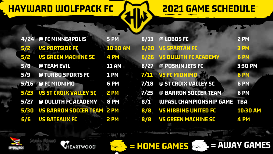 Here is your 2021 Hayward Wolfpack FC Game Schedule! 📅

We have some great competition this year, with lots of @WPASLsoccer, @UPSLsoccer and @DASLsoccer opponents. 

Get ready for a Howlin' good season. Lets get it 🐺

#HWFC17 #LeaveYourMark #MarkYourCalendar