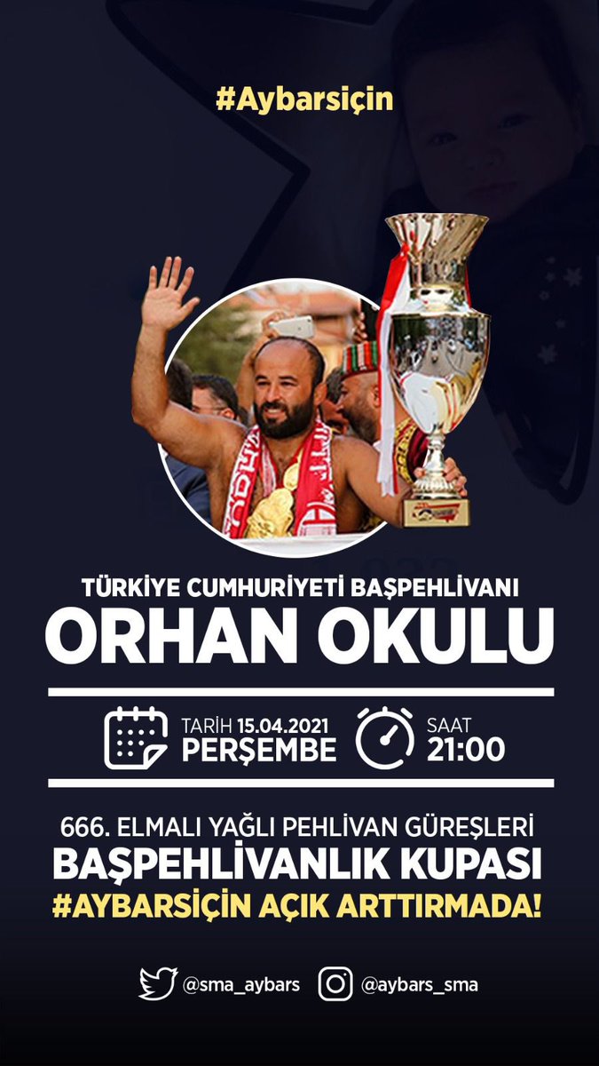 rcan1366's tweet photo. Sma TIP1 savaşçısı #Aybarsiçin , Türkiye Cumhuriyeti Başpehlivanı Orhan OKULU’nun 666. Elmalı Yağlı Pehlivan Güreşleri’nde kazandığı kupa, 21.00’da aybar_sma instagram hesabında açık arttırmaya çıkıyor.Yayına katılarak Aybars’a destek verebilirsiniz.Unutmayın her şey #Aybarsiçin https://t.co/GQjK0z0JSV