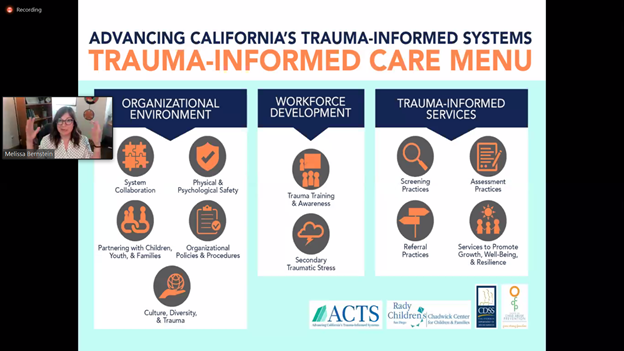 cal_trin's tweet photo. During today's #webinar, @drmelbern is talking us through how child-serving orgs can incorporate #traumainformed practices/skills into their service delivery. Learn more about advancing trauma-informed care through @radychildrens ACTS project: https://t.co/Ww1gFS1rXy https://t.co/z1h8HghwLc